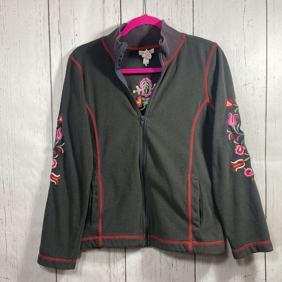 Sundance Womens Embroidered Boho Floral Fleece Gray Zip Fleece Pockets Jacket - Picture 2 of 15
